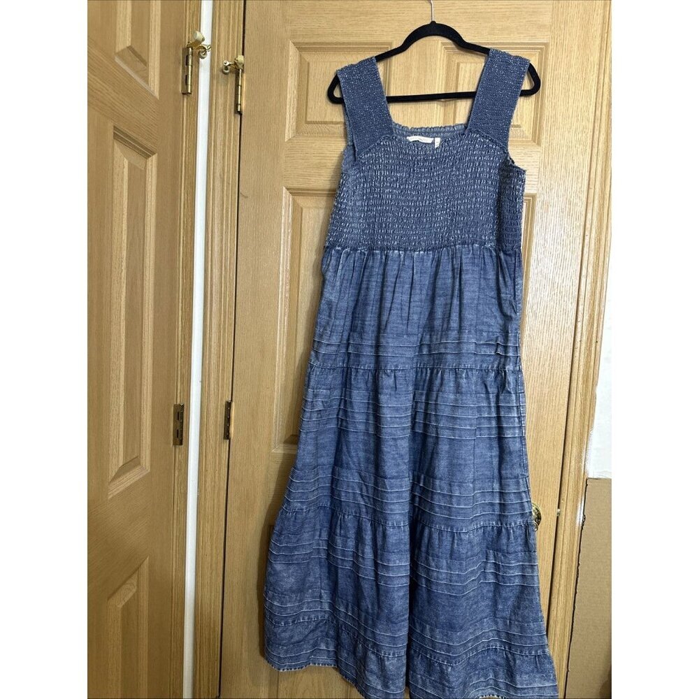 Soft Surroundings Chambray Smocked Tiered Maxi Dress Women’s Petite XL Blue